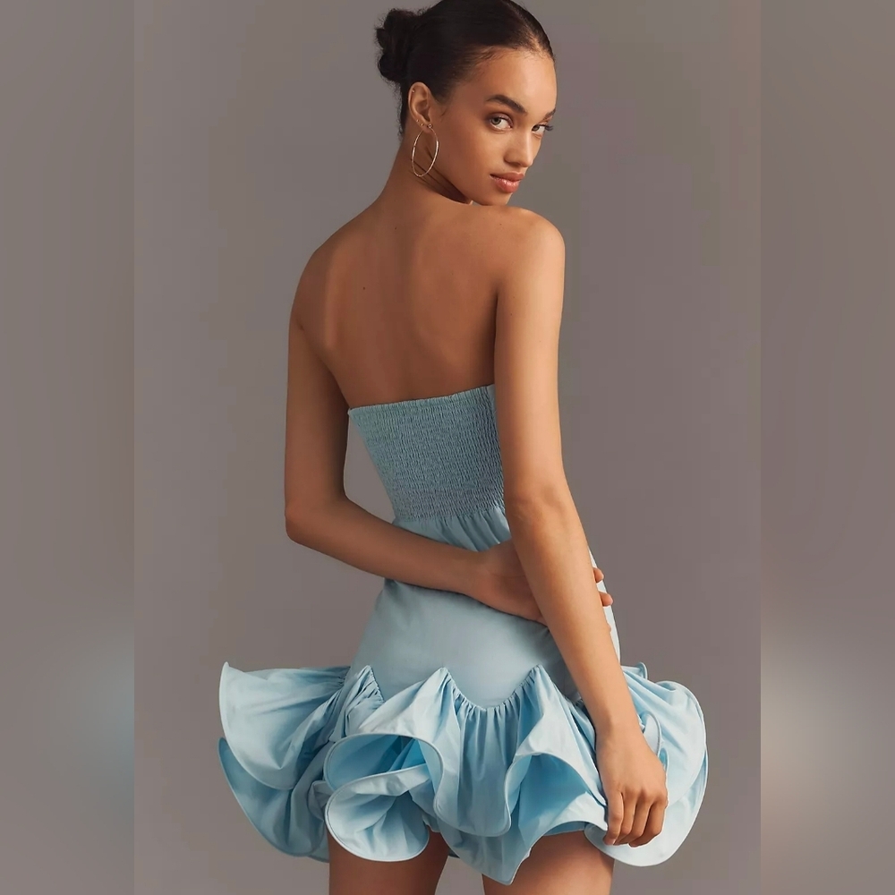 Anthropologie Maeve Strapless Light Blue Ruffle Mini Dress - Picture 3 of 5
